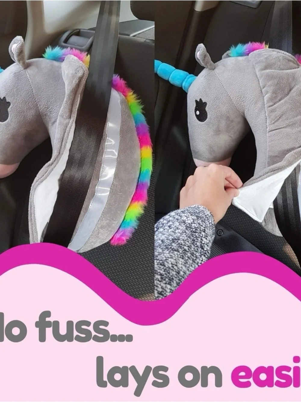 Unicorn Seat Belt Pillow designed for Travel. Sleeping/Resting During Car Rides
